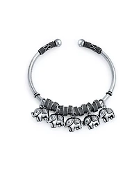 Bling Jewelry Bali Style 5 Charms Dangling Good Luck Elephant Bangle Cuff Bracelet Solid Heavy Sterling Silver