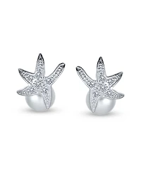 Bling Jewelry Nautical Round Simulated Pearl Starfish Pendant Necklace and Earrings Set Silver