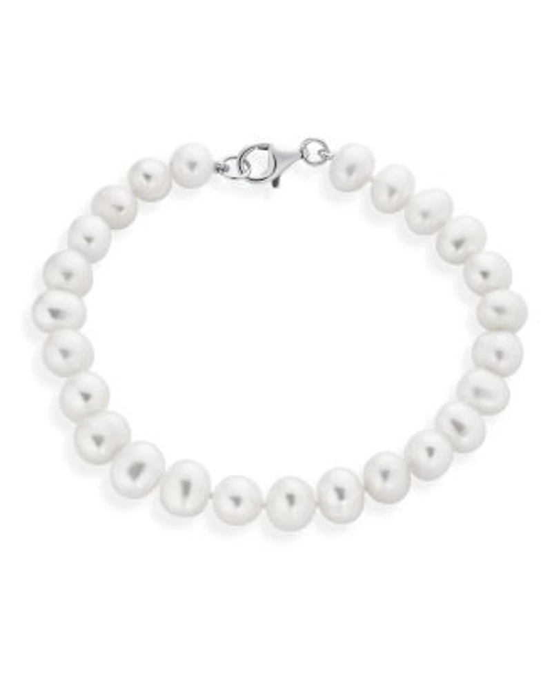 Bling Jewelry Classic Simple 7.5 8 Mm White Freshwater Cultured Pearl Hand Knotted Strand Bracelet Sterling Silver 7 Inch