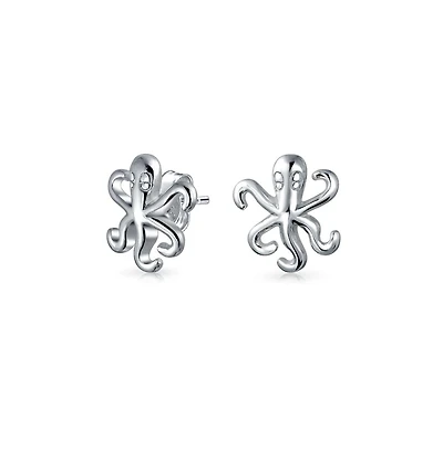 Bling Jewelry Delicate Tiny Nautical Vacation Honeymoon Ocean Marine Life Sea Creature Squid Octopus Stud Earrings Sterling Silver