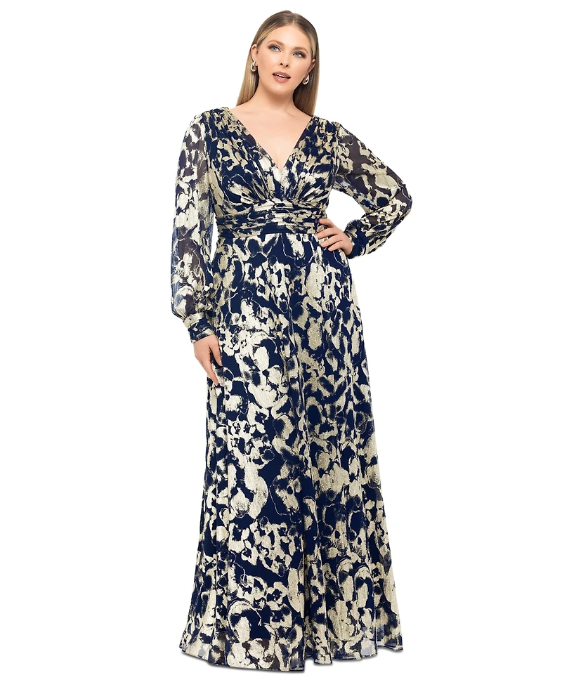 Betsy & Adam Plus V-Neck Foil Mesh A-Line Dress