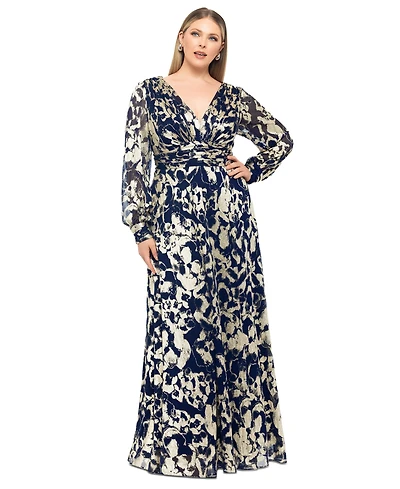 Betsy & Adam Plus V-Neck Foil Mesh A-Line Dress