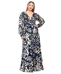 Betsy & Adam Plus V-Neck Foil Mesh A-Line Dress