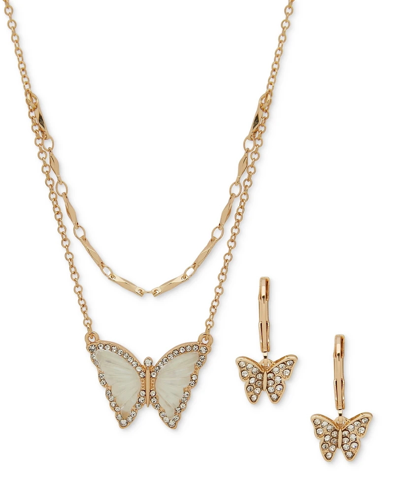 Anne Klein Gold-Tone Pave & Stone Layered Pendant Necklace Drop Earrings Set