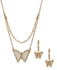 Anne Klein Gold-Tone Pave & Stone Layered Pendant Necklace Drop Earrings Set