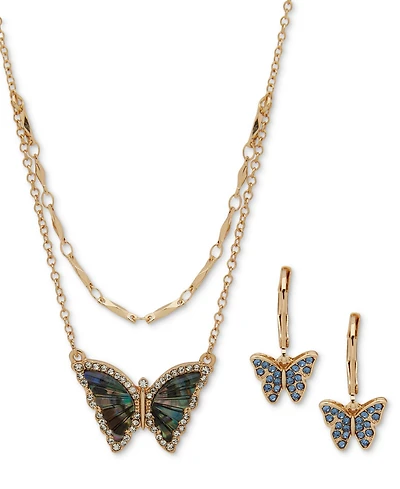 Anne Klein Gold-Tone Pave & Stone Layered Pendant Necklace Drop Earrings Set