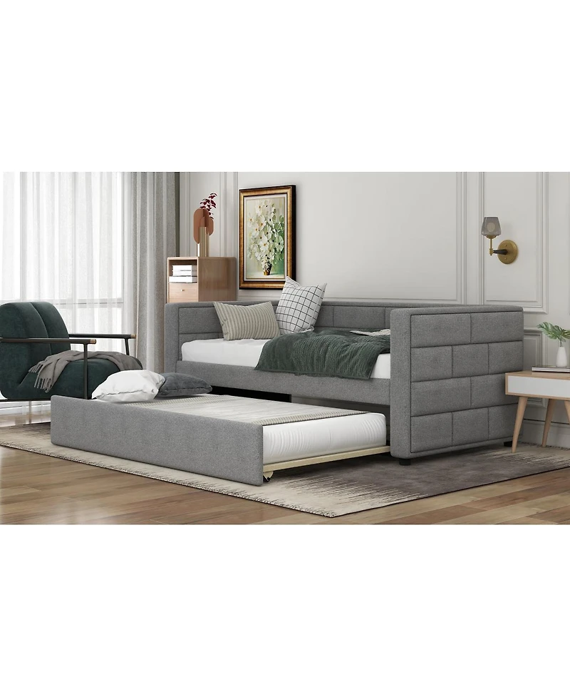 Simplie Fun Twin Size Daybed With Trundle, Upholstered Daybed With Padded Back