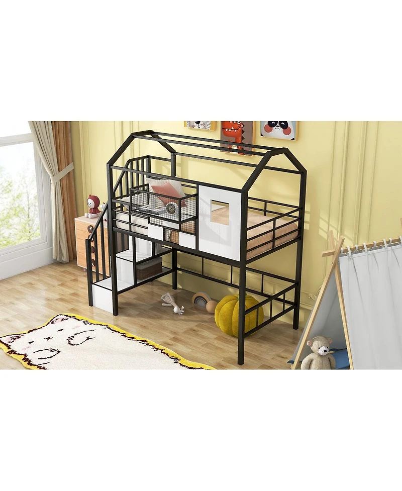 Simplie Fun Metal Loft Bed With Roof Design And A Storage Box, Twin, Pink