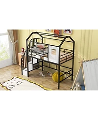 Simplie Fun Metal Loft Bed With Roof Design And A Storage Box, Twin, Pink