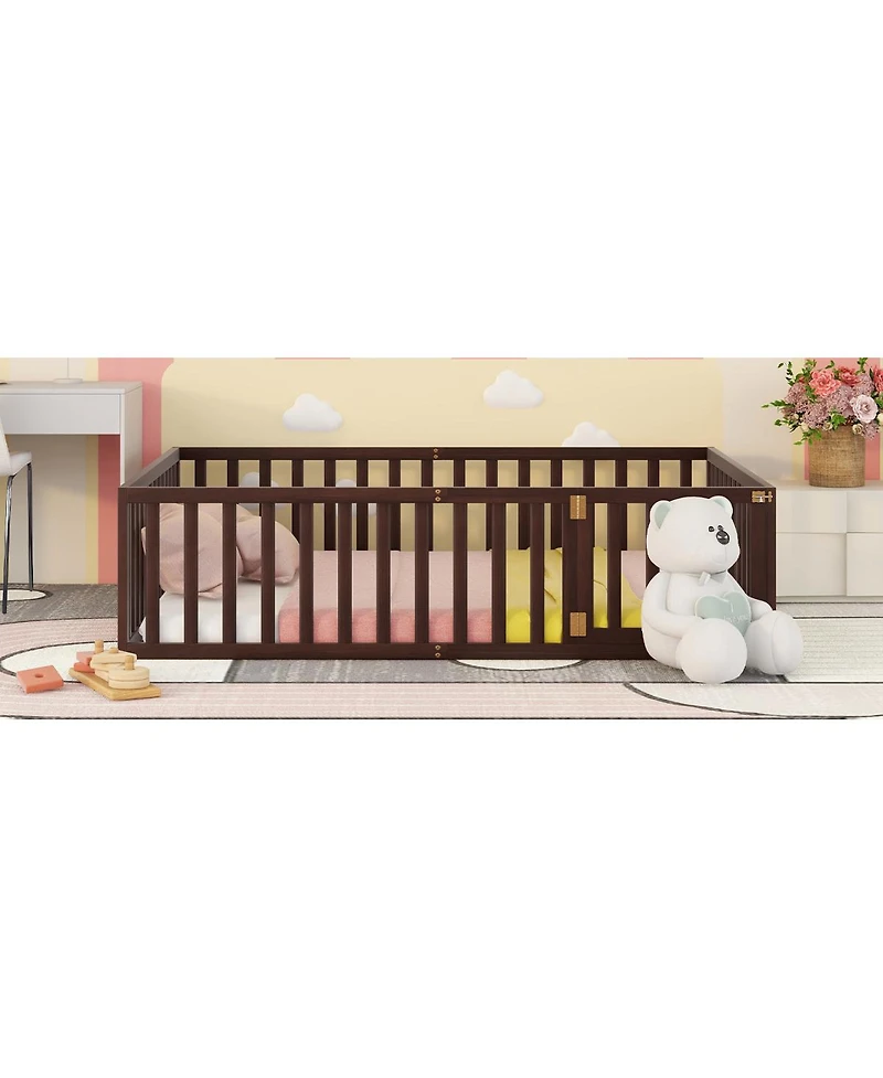 Simplie Fun Queen Size Wood Floor Bed Frame With Fence And Door, Walnut