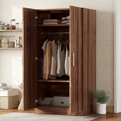 Streamdale 2-Door Wooden Wardrobe Armoire with 3 Storage Shelves, Brown