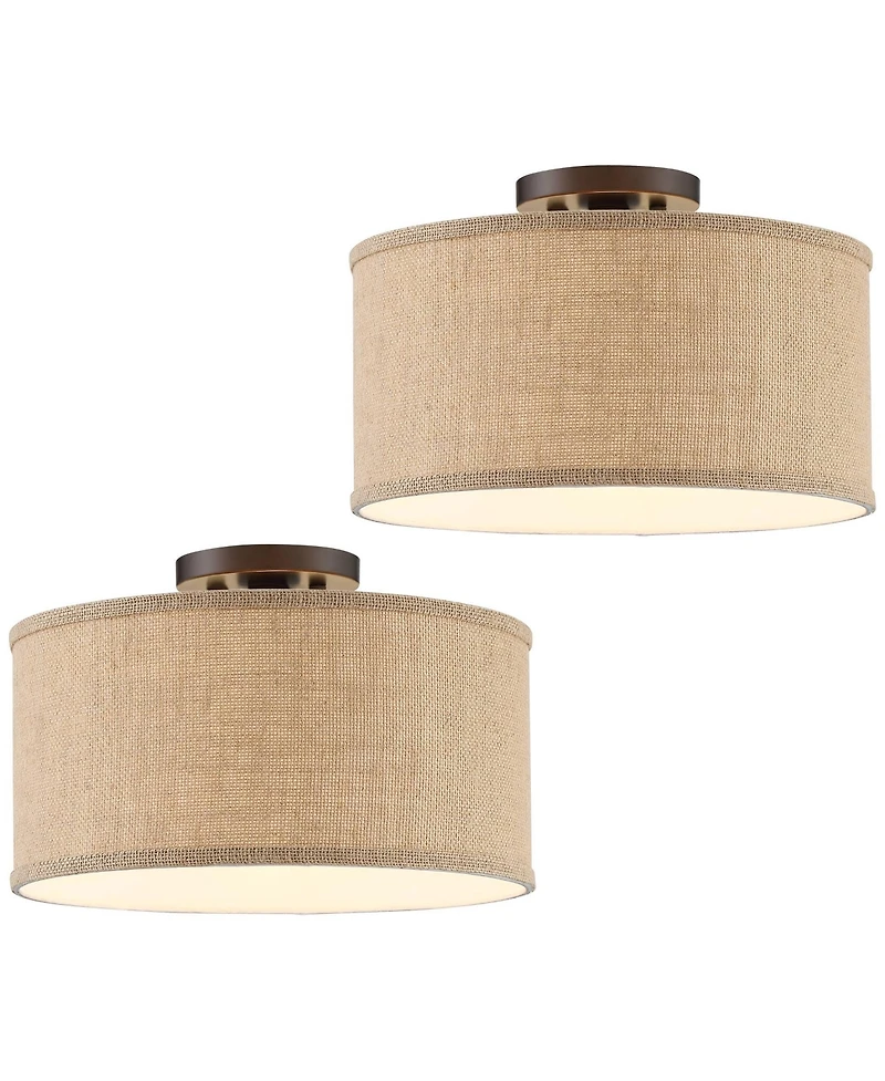 360 Lighting Adams Modern Ceiling Light Semi Flush Mount Fixtures 14" Wide Set of 2 Bronze Burlap Fabric Drum Shade for Bedroom Kitchen Living Ro