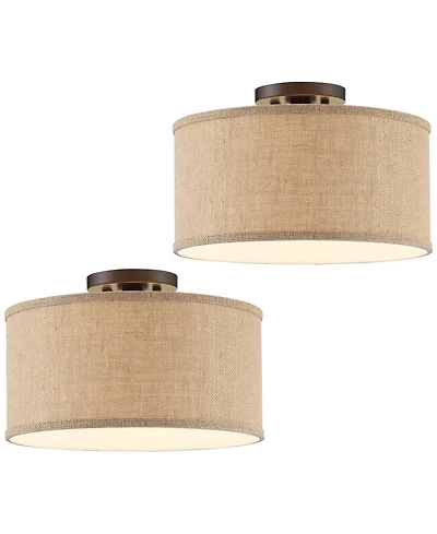 360 Lighting Adams Modern Ceiling Light Semi Flush Mount Fixtures 14" Wide Set of 2 Bronze Burlap Fabric Drum Shade for Bedroom Kitchen Living Ro