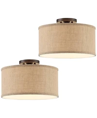 360 Lighting Adams Modern Ceiling Light Semi Flush Mount Fixtures 14" Wide Set of 2 Bronze Burlap Fabric Drum Shade for Bedroom Kitchen Living Ro