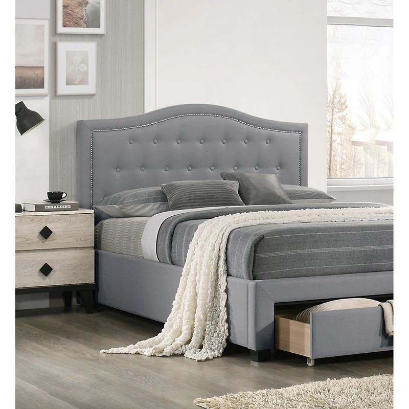 Streamdale Light Grey Twin Bed with Drawer Storage & Button Tufted Headboard