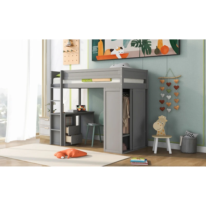 Streamdale Furniture Wood Twin Size Loft Bed With Wardrobes And 2-Drawer Desk With Cabinet