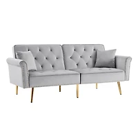 Streamdale Furniture Grey Velvet Tufted Sofa Couch with 2 Pillows and Nailhead Trim