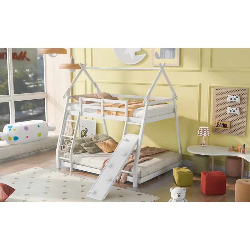 Streamdale Twin Over Queen House Bunk Bed With Climbing Nets And Ramp