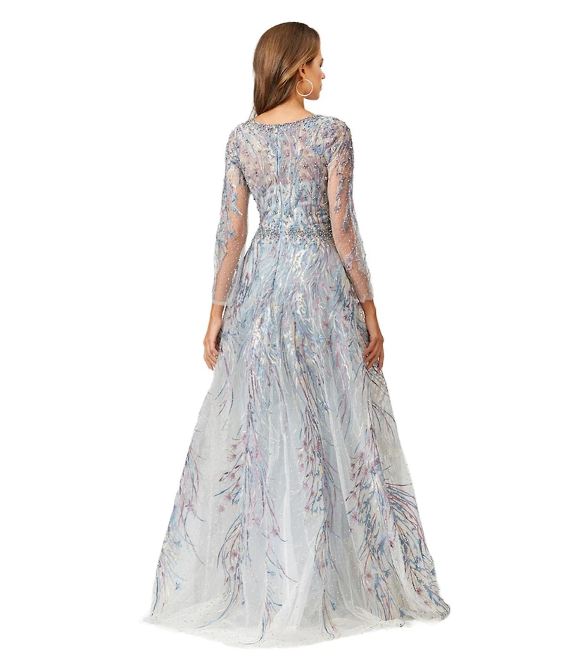 Lara Women's Long Sleeve Lace Gown with Overskirt