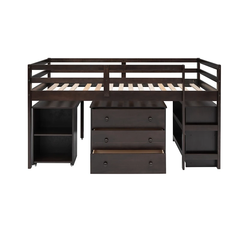 Streamdale Low Study Twin Loft Bed With Cabinet And Rolling Portable Desk