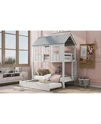 Simplie Fun House Bunk Bed With Trundle, Roof And Windows Twin