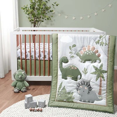 The Peanutshell Dinosaur Dreams Crib Bedding Set for Baby Boys, 3 Piece Nursery Set