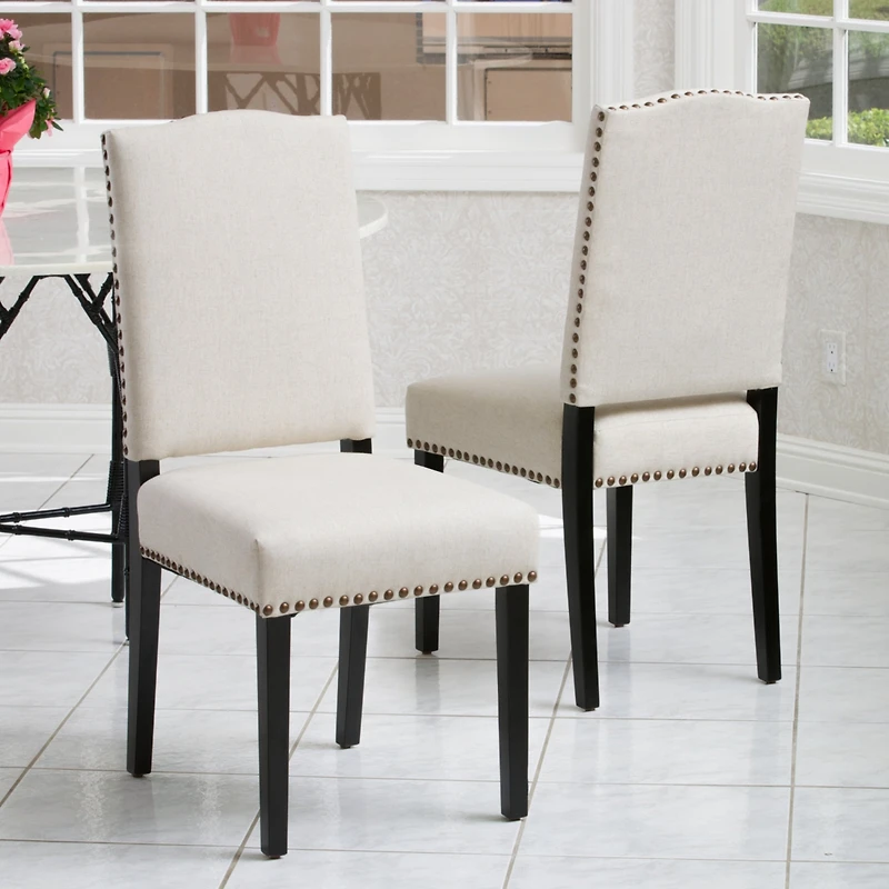 Streamdale Furniture Beige Polyester Dining Chair with Bronze Studs and Espresso Legs