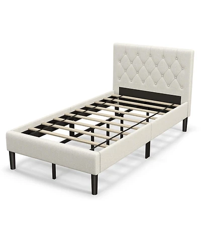Twin Size Upholstered Platform Bed with Button Tufted Headboard-Beige