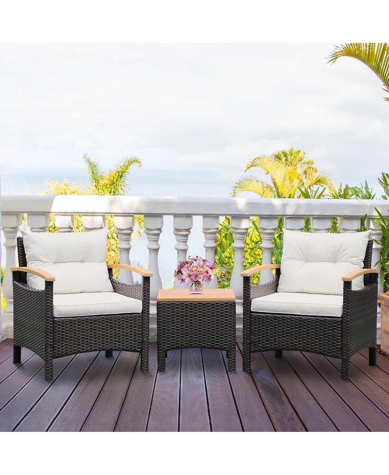 Gymax 3PCS Patio Pe Rattan Conversation Furniture Set Bistro Set Acacia Wood Tabletop