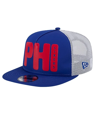 New Era Men's Royal Philadelphia 76ers Puff Print Team Code A-Frame 9FIFTY Trucker Snapback Hat