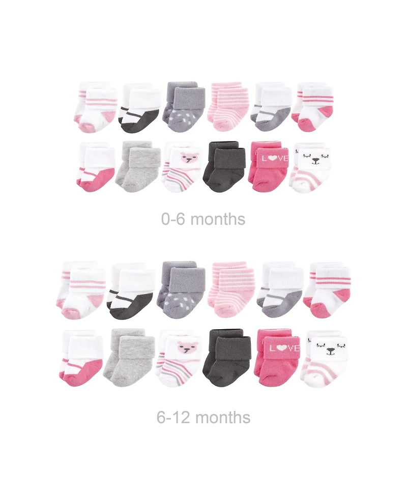 Hudson Baby Baby Girls Hudson Grow with Me Cotton Terry Socks, Bear Girl, 0-6 and 6-12 Months