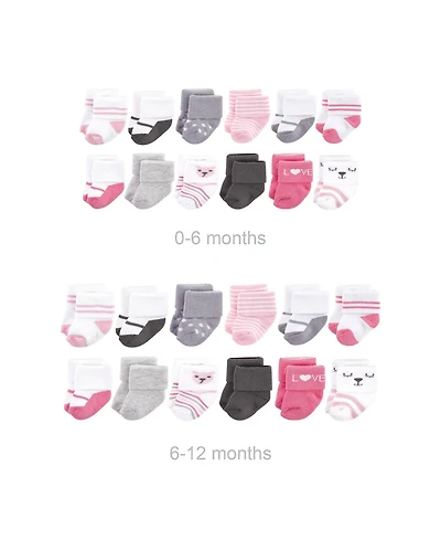 Hudson Baby Baby Girls Hudson Grow with Me Cotton Terry Socks, Bear Girl, 0-6 and 6-12 Months