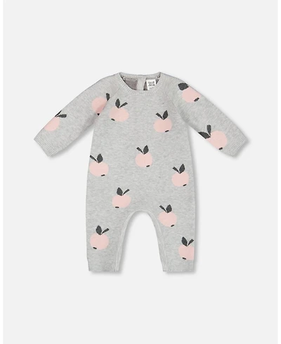 Deux par Deux Baby Girls Baby Knitted Jacquard Jumpsuit Gray With Apples
