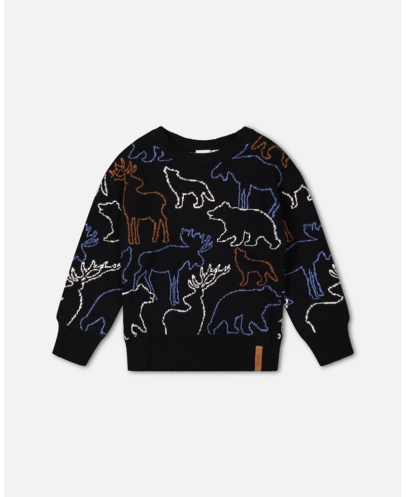 Deux par Deux Big Boys Sweater With Intarsia Animal Forest Black