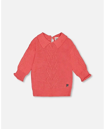 Deux par Deux Big Girls 3/4 Knit Sweater With Collar Coral