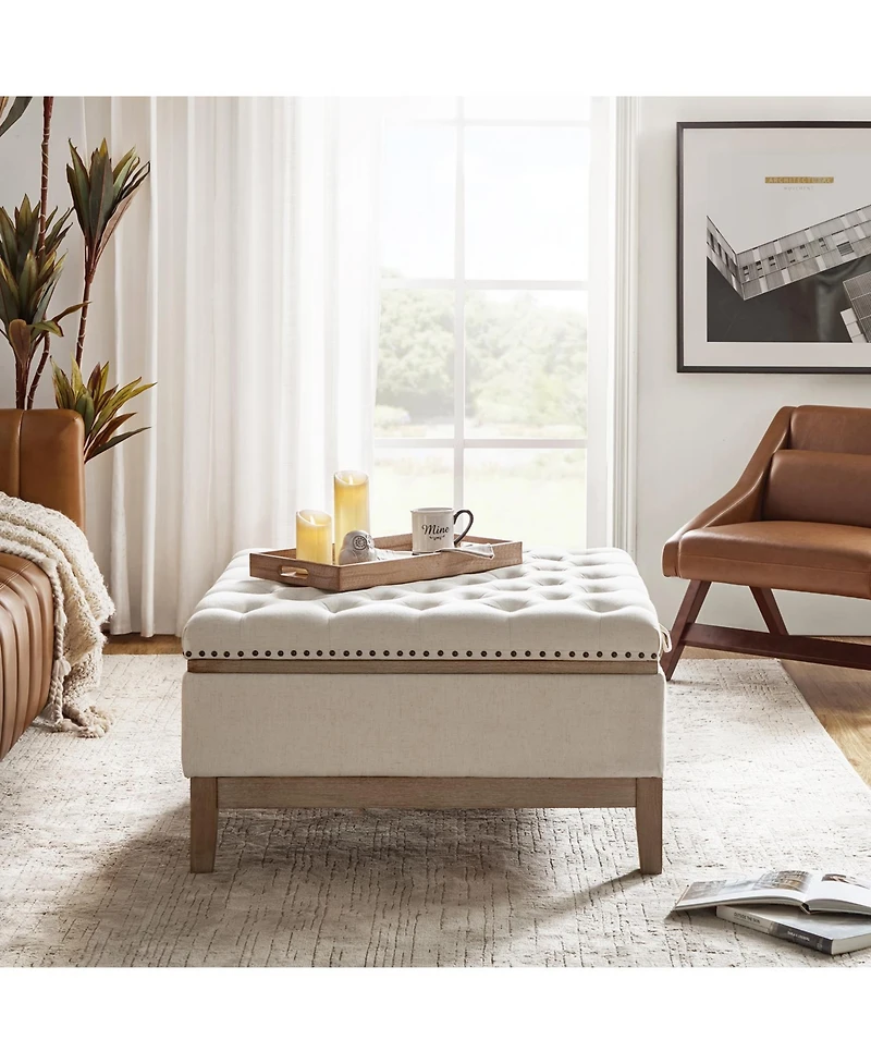 Hannah Upholstered Storage Cocktail Ottoman with Solid Wood Legs