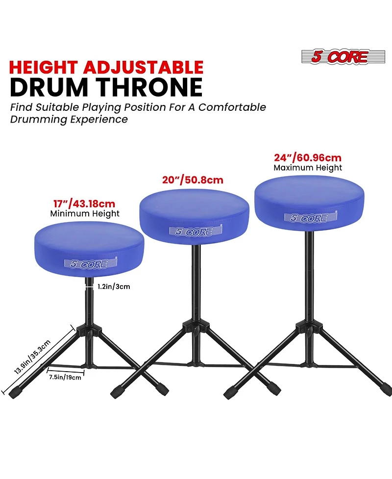 5 Core Drum Throne 3" Thick Padded Comfortable Guitar Stool Drummer Chair Adjustable Musician Seat