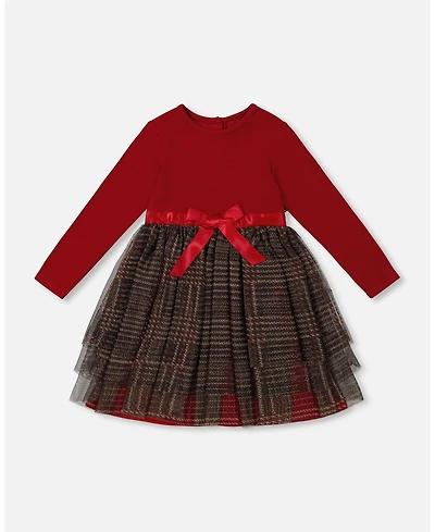 Deux par Deux Baby Girls Bi-Material Dress With Glittering Tulle Skirt Red Plaid