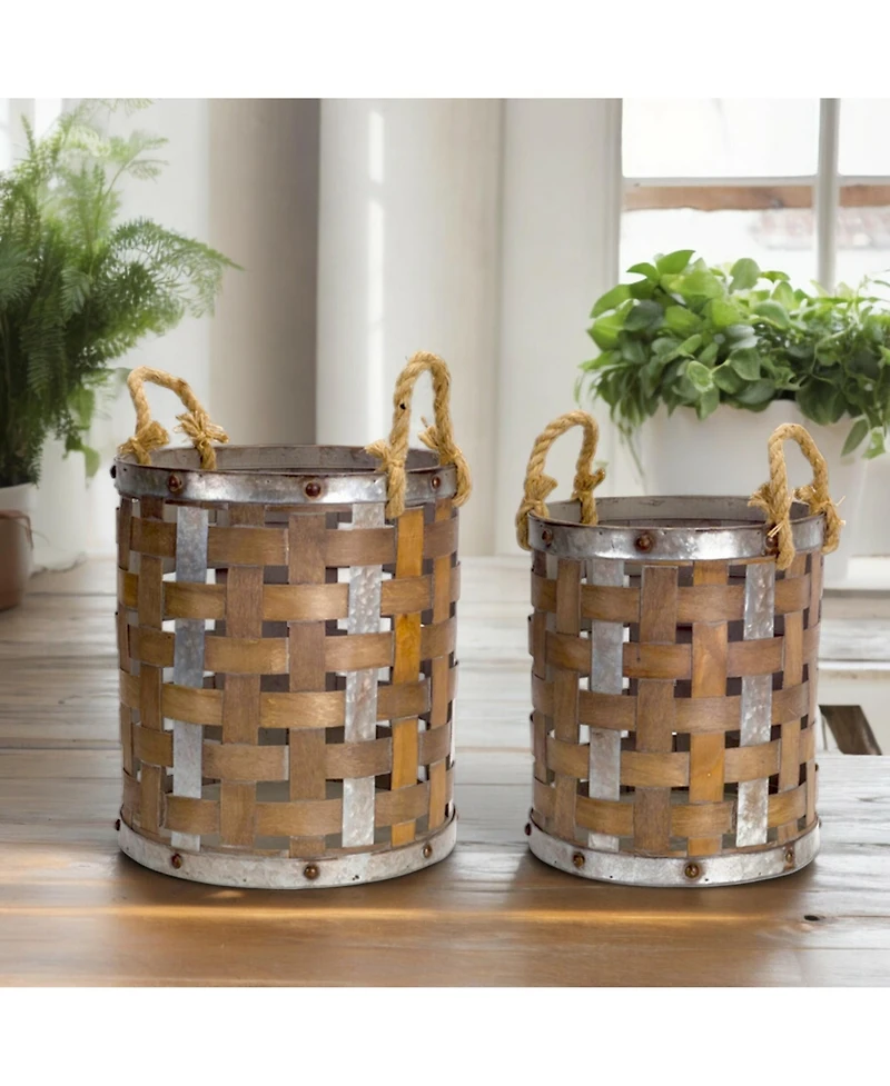 Woven Wood Pail With Rope Handle (Set of 2)