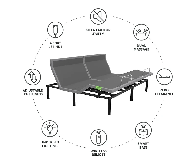 Cariloha Resort Adjustable Mattress Base | King | 6", 9", 12" | Viscose Material | Multiple Adjustments, 4 Usb Ports, Led Lighting