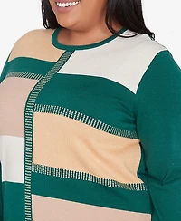 Alfred Dunner Plus Size Emerald Isle Colorblock Gold Trim Sweater