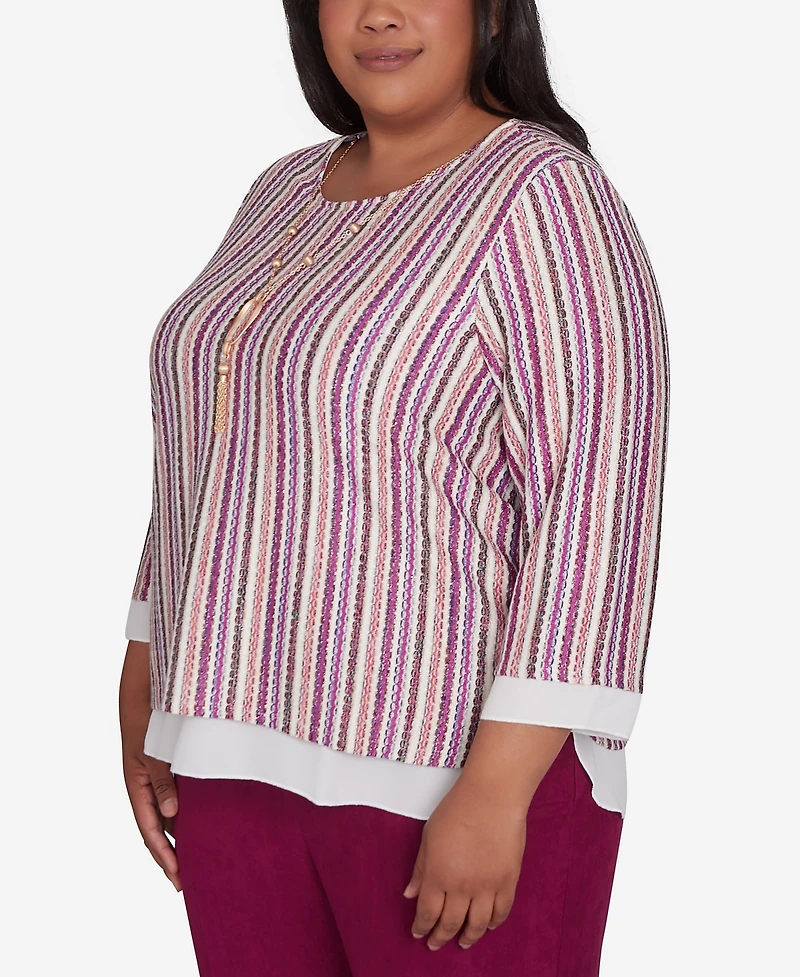 Alfred Dunner Plus Size Wine Country Metallic Stripe Top With Necklace