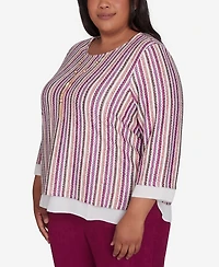 Alfred Dunner Plus Size Wine Country Metallic Stripe Top With Necklace