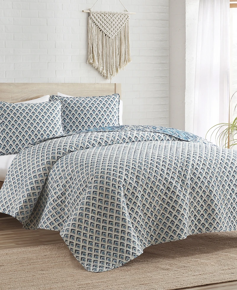 Indigo Ink White Denim Medallion Reversible 3-Pc. Quilt Set, Full/Queen