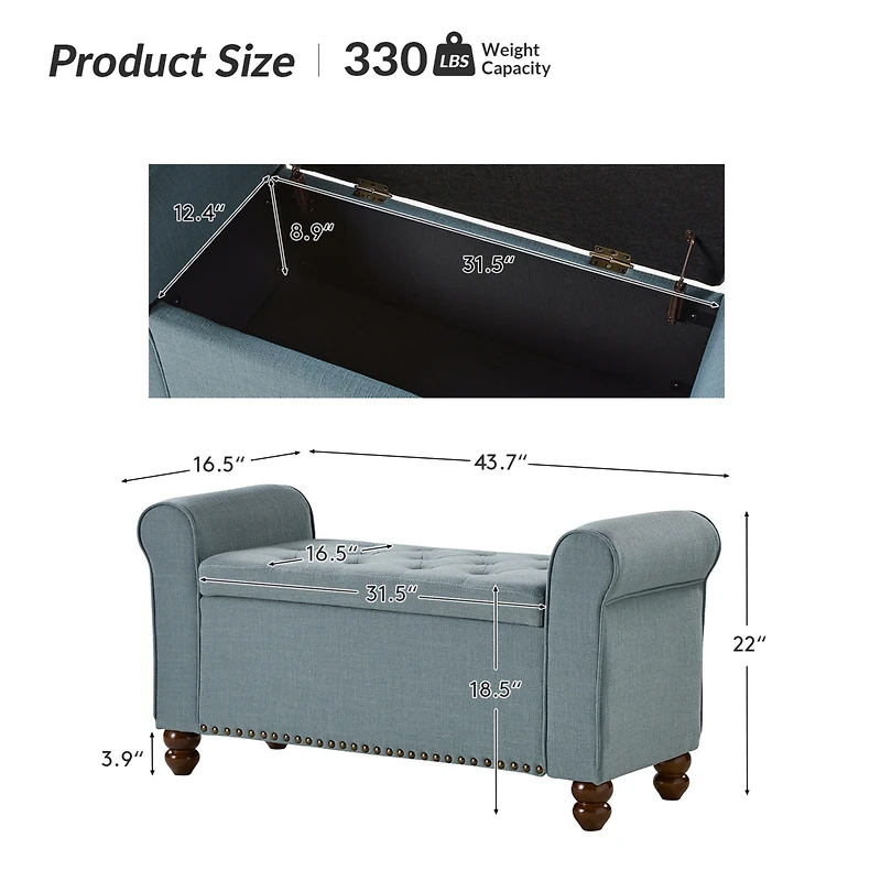 Hulala Home Transitional Carmen 43.7" Wide Storage Bench with Sturdy Wood Legs