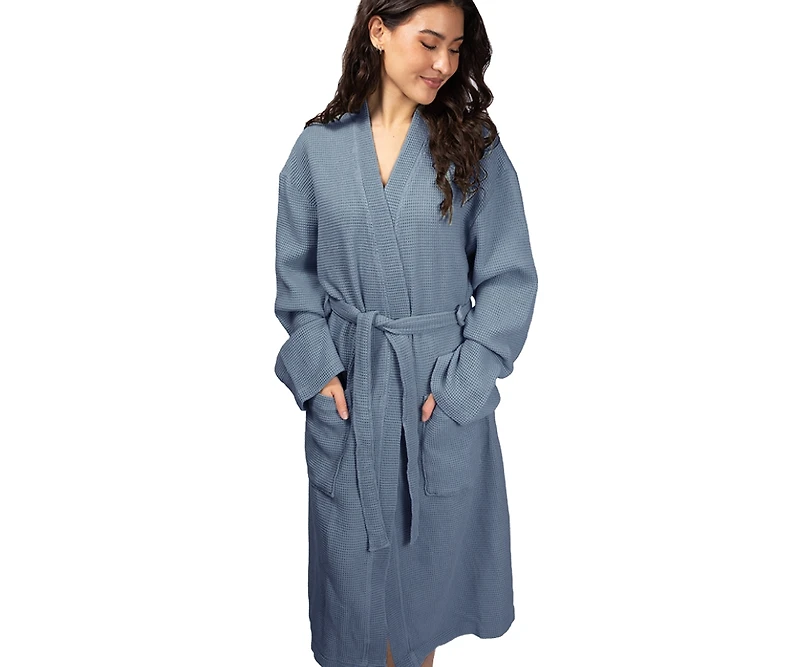 Cariloha Waffle Knit Bath Robe | Marine Blue | Unisex, Small/Medium | Viscose Material | Soft, Comfortable, & Wicks Moisture