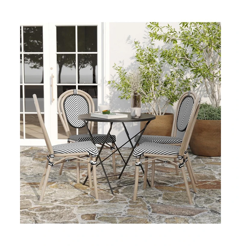 Merrick Lane Mael Set Of Four Stacking Thonet Bistro Style Chair With Textilene Seat And Bamboo Finished Metal Frame For Indoor/Outdoor Use