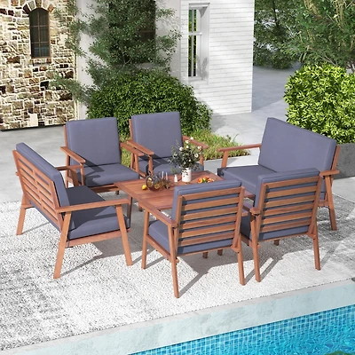 Gymax 8PCS Conversation Set Acacia Wood Sofa Coffee Table w/ Cushioned Seat Patio