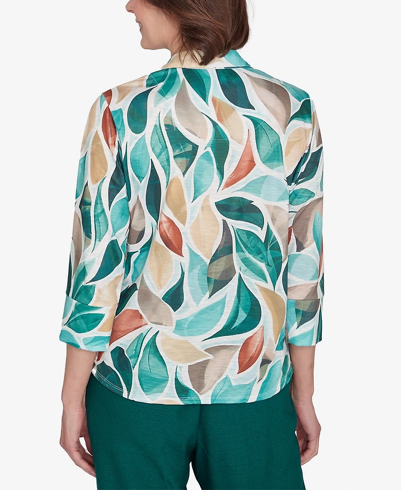 Alfred Dunner Women's Emerald Isle Abstract Leaf Top with Bell Sleeves
