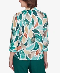 Alfred Dunner Women's Emerald Isle Abstract Leaf Top with Bell Sleeves